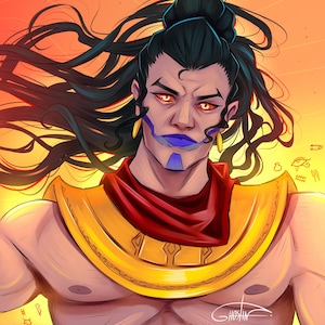 Puede incluir: Una ilustración digital de un personaje con cabello negro largo en un moño alto, ojos rojos brillantes y marcas faciales azules. El personaje lleva un collar dorado, un pañuelo rojo y pendientes dorados sobre un fondo de color naranja brillante.