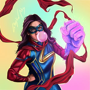 May include: A woman wearing a blue and gold superhero costume with a red cape and a pink bubble in her mouth. She is holding a purple, crystal-like object in her right hand.