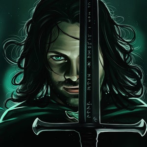 May include: A man with long dark hair and a beard stares intensely at the viewer. He is holding a sword with runes inscribed on the blade. The background is a dark green with a light green glow.