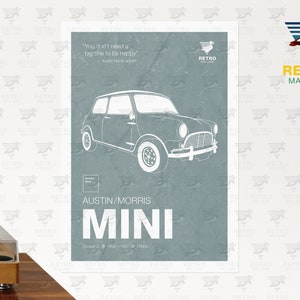Austin Mini Cooper Print - Morris Vintage Mini Poster - British Classic Car Graphic Art - Petrolhead Garage Mancave Print - Gran Turismo Car Smoke Grey