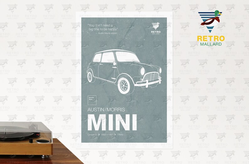 Austin Mini Cooper Print - Morris Vintage Mini Poster - British Classic Car Graphic Art - Petrolhead Garage Mancave Print - Gran Turismo Car Smoke Grey