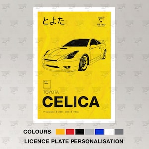 May include: A yellow poster with a black outline drawing of a Toyota Celica. The poster has Japanese characters and the text "Toyota Celica" in bold black letters. It also includes the text "Retro" and "1st Generation 2000-2005 179hp".
