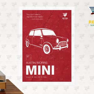 Austin Mini Cooper Print - Morris Vintage Mini Poster - British Classic Car Graphic Art - Petrolhead Garage Mancave Print - Gran Turismo Car Tartan Red