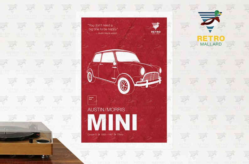 Austin Mini Cooper Print - Morris Vintage Mini Poster - British Classic Car Graphic Art - Petrolhead Garage Mancave Print - Gran Turismo Car Tartan Red