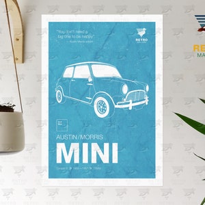 Austin Mini Cooper Print - Morris Vintage Mini Poster - British Classic Car Graphic Art - Petrolhead Garage Mancave Print - Gran Turismo Car Surf Blue