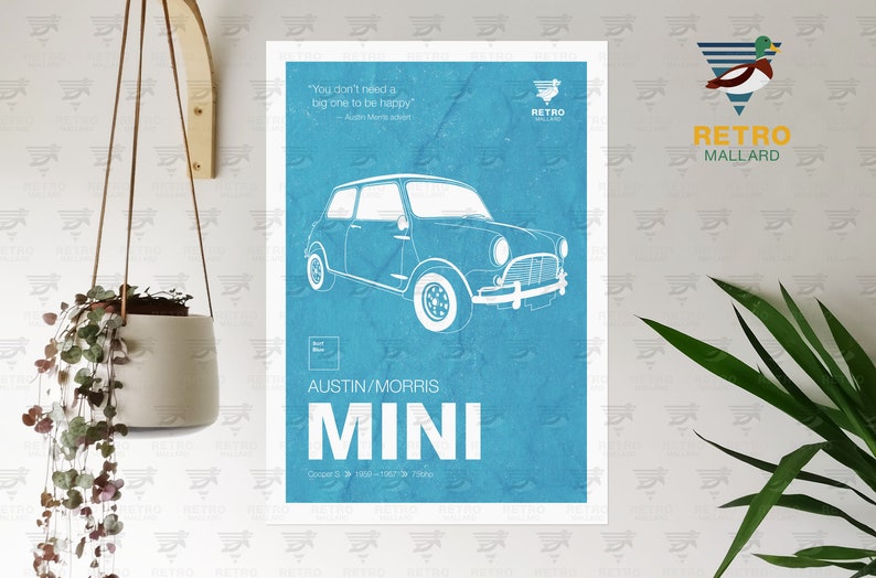 Austin Mini Cooper Print - Morris Vintage Mini Poster - British Classic Car Graphic Art - Petrolhead Garage Mancave Print - Gran Turismo Car Surf Blue