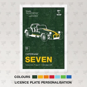 Impressão retrô Caterham Seven - Pôster de carro clássico britânico - Arte gráfica da Petrolhead Garage - Impressão do Gran Turismo Mancave Lounge - Arte vintage