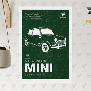 Austin Mini Cooper Print - Morris Vintage Mini Poster - British Classic Car Graphic Art - Petrolhead Garage Mancave Print - Gran Turismo Car British Racing Green