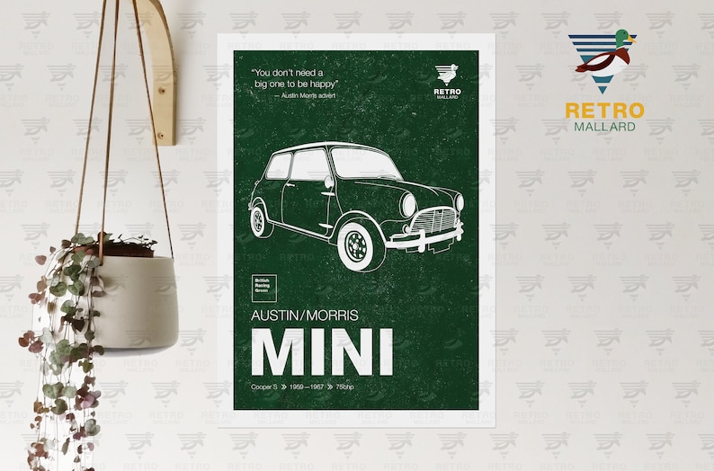 Austin Mini Cooper Print - Morris Vintage Mini Poster - British Classic Car Graphic Art - Petrolhead Garage Mancave Print - Gran Turismo Car British Racing Green