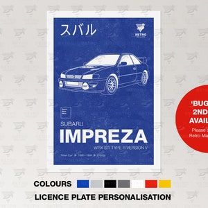 May include: A blue and white blueprint style poster featuring a Subaru Impreza WRX STI Type R Version V. The poster includes the text "Subaru Impreza" and "WRX STI Type R Version V". The poster also includes the text "'Bug Eye' 2nd Gen Available" and "Please check the Retro Mallard shop."