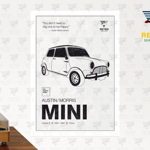 Austin Mini Cooper Print - Morris Vintage Mini Poster - British Classic Car Graphic Art - Petrolhead Garage Mancave Print - Gran Turismo Car Old English White