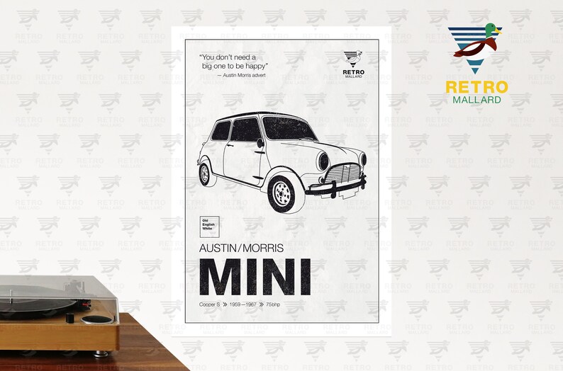 Austin Mini Cooper Print - Morris Vintage Mini Poster - British Classic Car Graphic Art - Petrolhead Garage Mancave Print - Gran Turismo Car Old English White