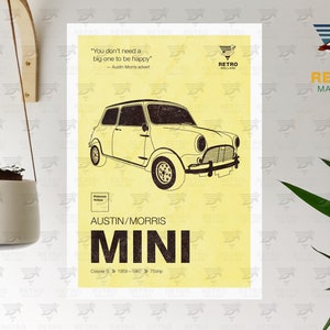 Austin Mini Cooper Print - Morris Vintage Mini Poster - British Classic Car Graphic Art - Petrolhead Garage Mancave Print - Gran Turismo Car Primrose Yellow