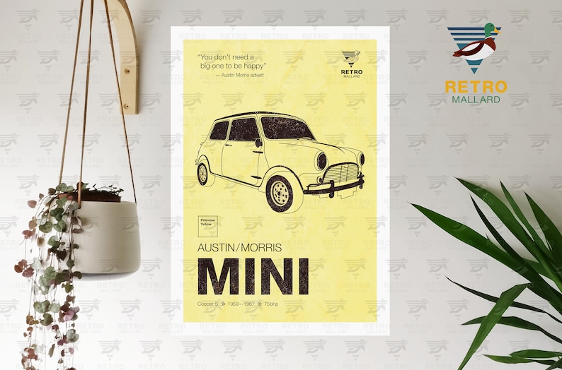 Austin Mini Cooper Print - Morris Vintage Mini Poster - British Classic Car Graphic Art - Petrolhead Garage Mancave Print - Gran Turismo Car Primrose Yellow