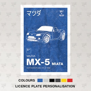 Puede incluir: Un póster de estilo plano azul en azul y blanco con un dibujo de línea de un coche descapotable Mazda MX-5 Miata. El póster tiene el texto "Mazda MX-5 Miata" y "マダ" en japonés. El póster también tiene una selección de paleta de colores y el texto "Personalización de la placa de matrícula".