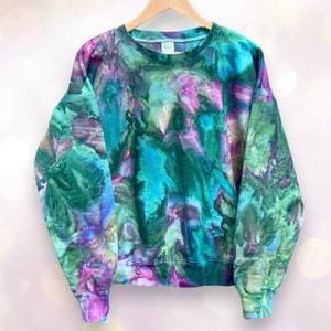 Hand Dyed Sweatshirt, Adult Size L, Ice Dyed Crew Neck in Purple and Green