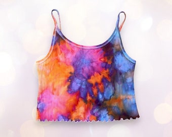 Tie Dye Cropped Cami, Women's Size 2X, Ice Dyed Tank Top in Hot Pink, Orange, and Purple