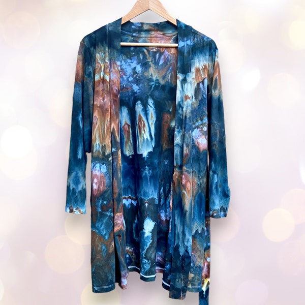 Ice Dyed Robe With Pockets, Women's Size L/XL, Tie Dye Duster in Lantern Colorway