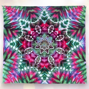 Mandala Tie Dye Tapestry, 58&quot;x 58&quot;, Ice Dyed Wall Hanging in Purple, Green, and Hot Pink