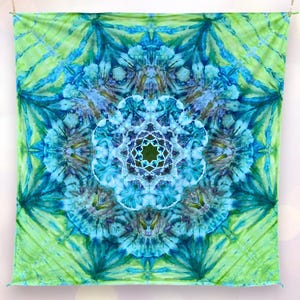 Tie Dye Tapestry, 58&quot;x 58&quot;, Ice Dyed Boho Wall Art in Blues and Greens