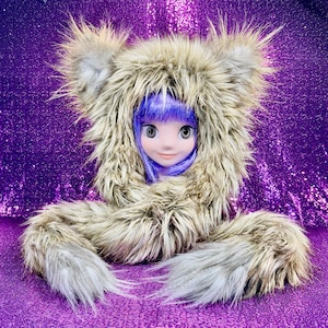Faux Fur Cat Wolf Hood Hat with Fluffy Wired Ears and Squeakers Beige Gold Fur, Gifts for geeks nerds cosplay furry winter