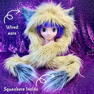 Faux Fur Cat Wolf Hood Hat with Fluffy Wired Ears and Squeakers Cream White Fur, Gifts for geeks nerds cosplay furry winter