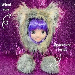 Faux Fur Cat Wolf Hood Hat with Fluffy Wired Ears and Squeakers. Grey beige fur, Gifts for geeks nerds cosplay furry winter