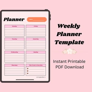 May include: Digital weekly planner template on a tablet. The planner has pink boxes for each day, with "Planner" at the top. Text on the right says "Weekly Planner Template". The background is a soft pink.