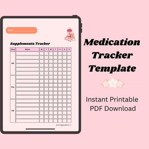 Puede incluir: Una tableta digital muestra una plantilla rosa de seguimiento de medicamentos. La plantilla incluye secciones para la hora, el nombre y los días de la semana. El texto "Medication Tracker Template" se muestra en negrita negra. También son visibles las palabras "Instant Printable PDF Download".