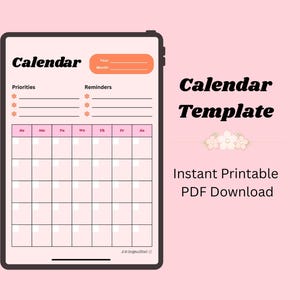 Puede incluir: Plantilla de calendario digital que se muestra en una tableta. La plantilla presenta un diseño rosa y blanco con secciones para prioridades, recordatorios y una cuadrícula de calendario mensual. El texto incluye "Calendar Template" y "Instant Printable PDF Download."