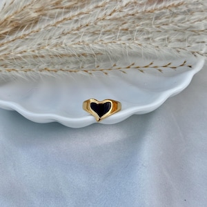 Gold Black Heart Ring | Adjustable Stainless Steel Ring | Anti Tarnish Gold Ring | Dainty Heart Jewellery | Handmade Ring for Her