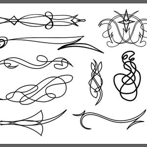 Puede incluir: Un conjunto de diez diseños de arte de línea en blanco y negro, que presentan varios remolinos, curvas y florituras. Estos diseños se pueden utilizar con fines decorativos, como agregar adornos a manualidades, scrapbooking o arte digital.