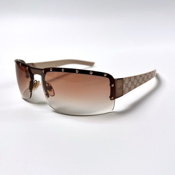 Gucci Sunglasses GG Rimless Shield Brown Tinted Monogram Studded Logo Beige Ombre Gradient Rectangle Vintage 1823 Wraparound