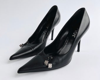 Christian Dior Heels Courts 39 / 6 Black Leather Pointed Toe Stilettos Silver Dice Cube Charms Logo Monogram Vintage Y2K Authentic Shoes