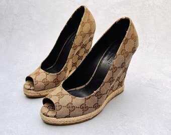 Gucci GG Wedges Heels UK 3 / EU 35 Sandals Brown Logo Monogram Espadrille Authentic Peep Toe Vintage Platform Canvas Leather