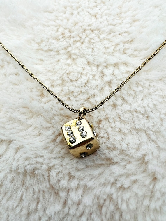 Christian Dior Gold Dice Gamble Crystal Cube Chain Necklace