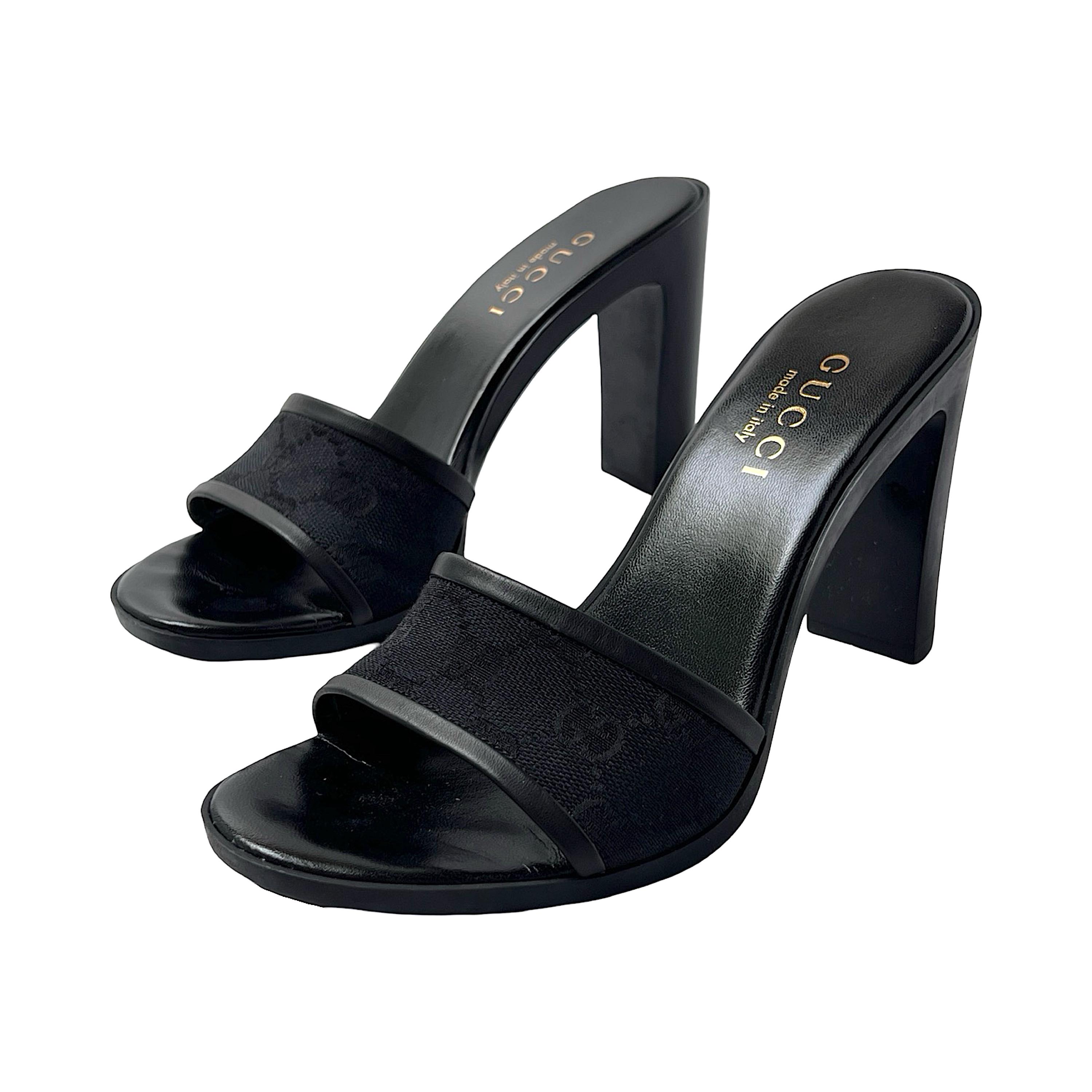 Gucci Heels Mules EU 36 UK Block Sandals Black GG Monogram