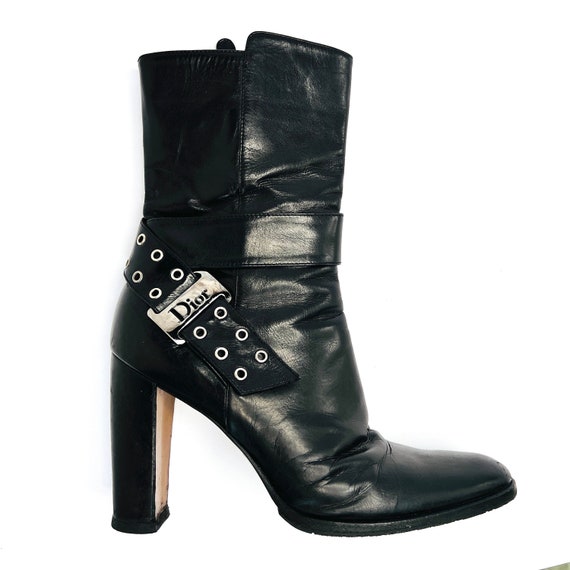 Dior Boots Heel Logo 38 / 5 Black Leather Ankle Round Toe Vintage Christian Dior Authentic Genuine Designer Y2k 90s