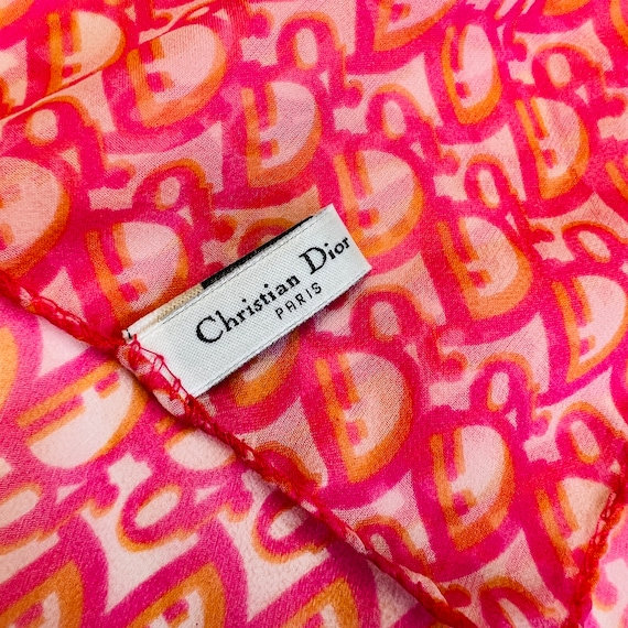 CHRISTIAN DIOR Scarf Silk Dior Monogram Logo Red Pink 80s