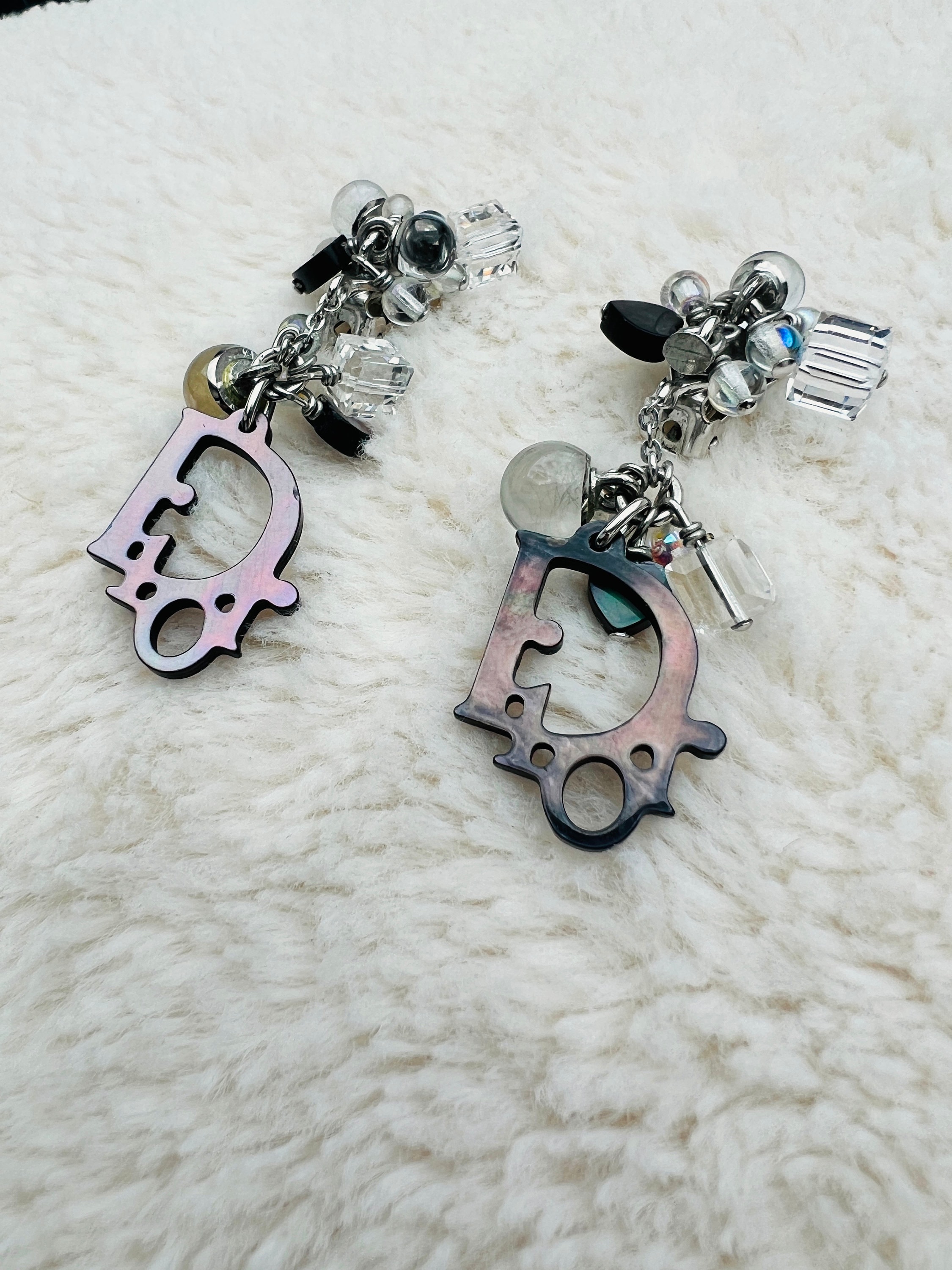 Christian Dior Earrings Logo Monogram Pearlescent Silver