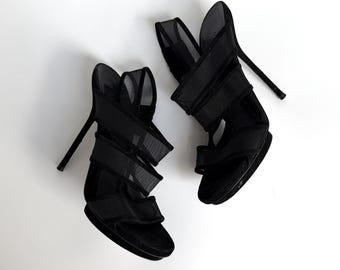 Gucci Slingback Sandals Heels EU 37 UK 4 Black Bandage Mesh Bette Platform Stiletto High Courts Vintage Open Toe Y2K 2000s Tom Ford
