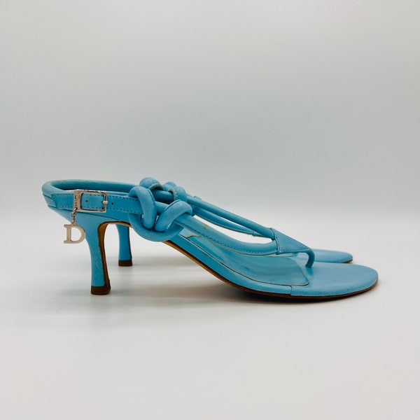 Christian Dior Kitten Heels Sandals 36 / 3 Authentic Aquamarine Blue Mules Open Toe Turquoise Silver D Logo Charm Strappy Leather Vintage