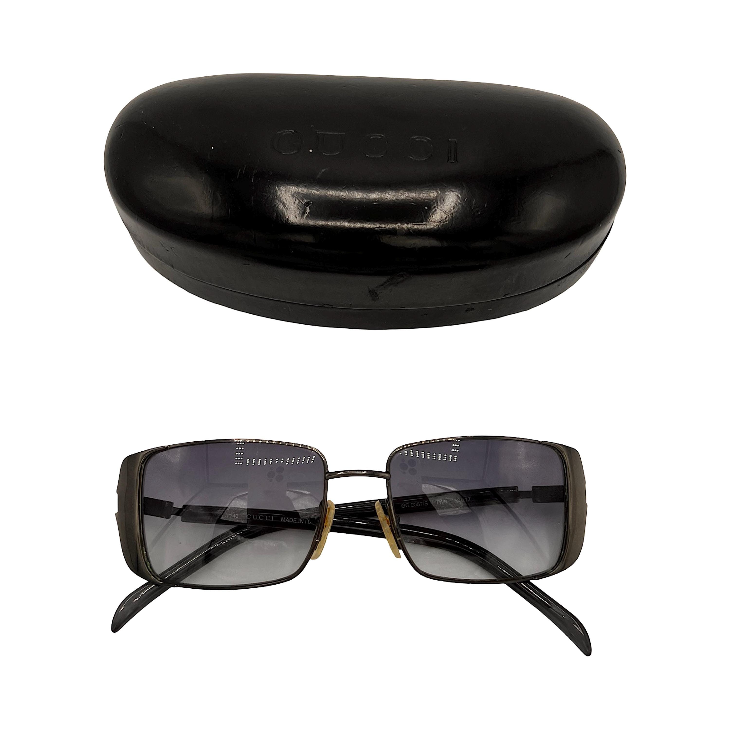 Gucci Sunglasses Logo Square Blue Grey Tinted Silver Metal Frames