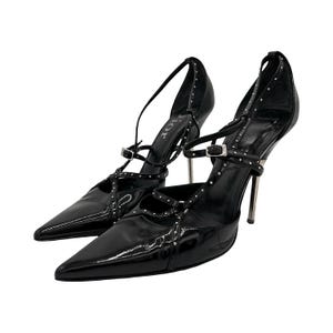 Dior Heels Courts EU 39 UK 6 Pointed Toe Patent Black Leather Studded Silver Stiletto Logo Buckle Galliano Era Vintage Y2K 2000s Authentic
