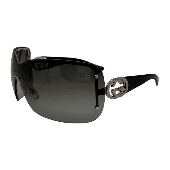 Gucci Sunglasses Rimless Shield Oversized GG Logo Wrap Black Gucci Sunglasses Rimless Shield Oversized GG Logo Wrap Black