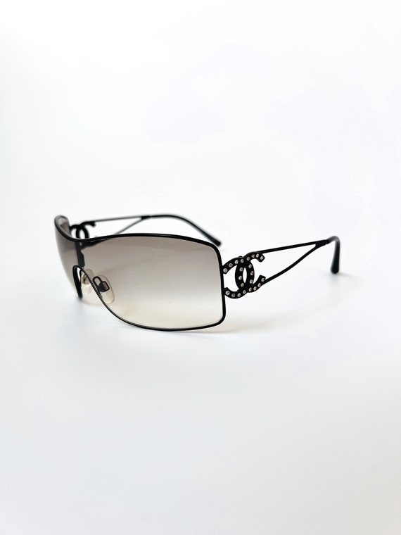 Chanel Sunglasses Shield Crystal CC Logo Black Tin