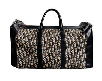Christian Dior Holdall Bag Logo Weekend Large Luggage Monogram Oblique Navy Blue Leather Canvas Vintage Retro 80s Authentic Trotter