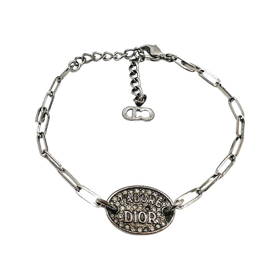 Christian Dior Bracelet Logo Monogram Silver Crystal Metal Tag Etsy