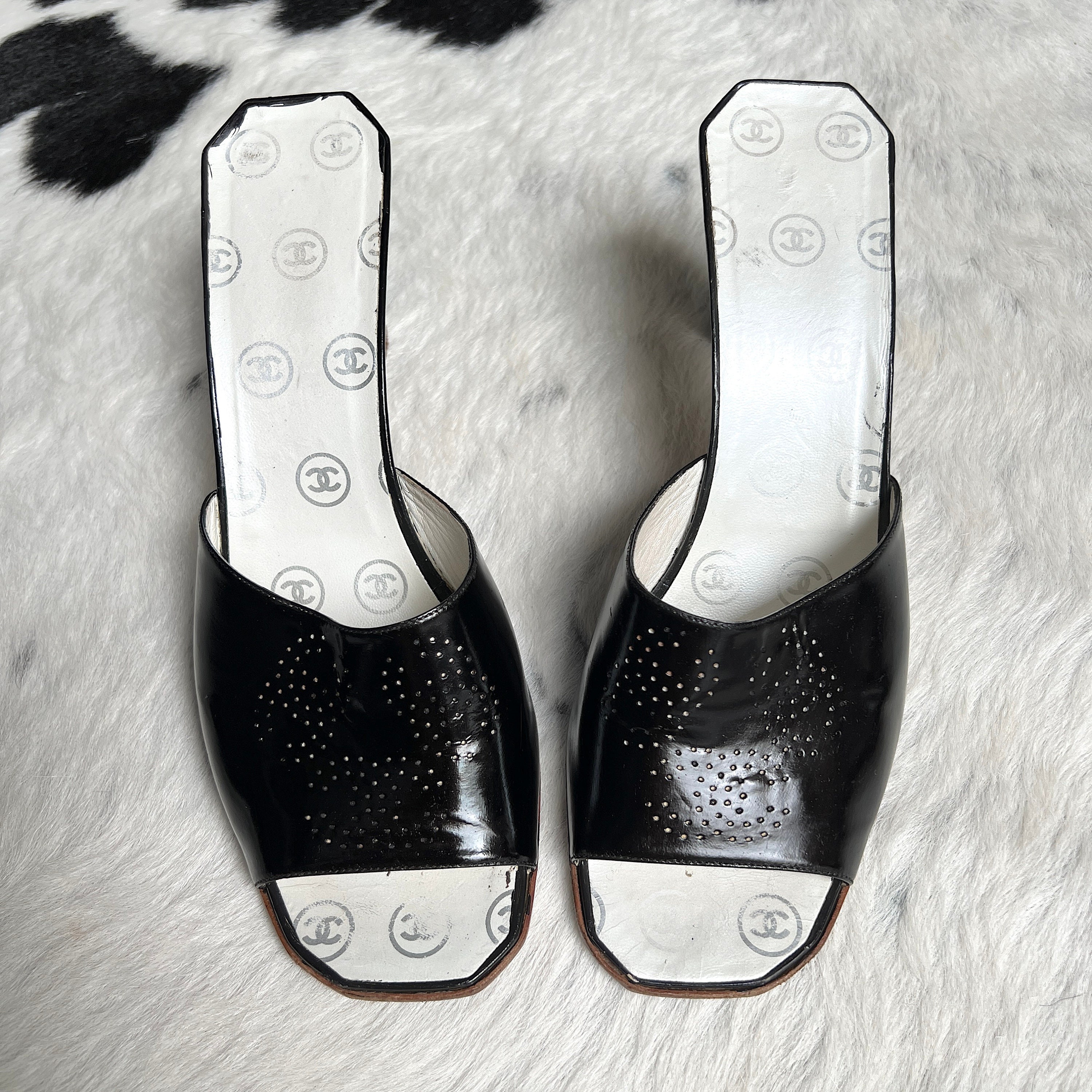 Chanel Grosgrain Black Pearl Studded MultiStrap Pointed Toe CC Logo He –  The Global Collective Co.