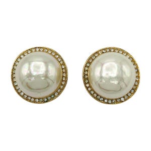 Christian Dior Earrings Pearl Gold Round Crystal Diamante Large Clip on Vintage 1980s Retro Authentic